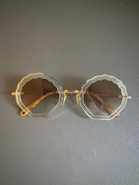 Chloe Gold Metal Scalloped Octagon Sunglasses with Brown Lenses